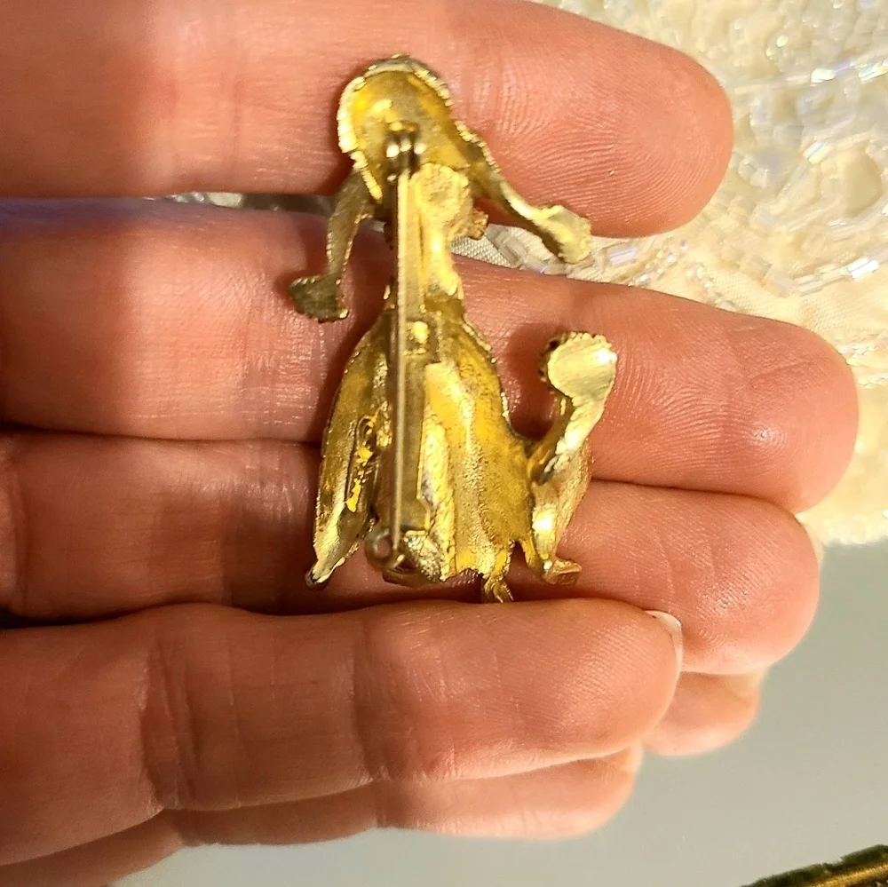 Vintage PELL Rhinestone Gold Poodle Dog Pin Brooch